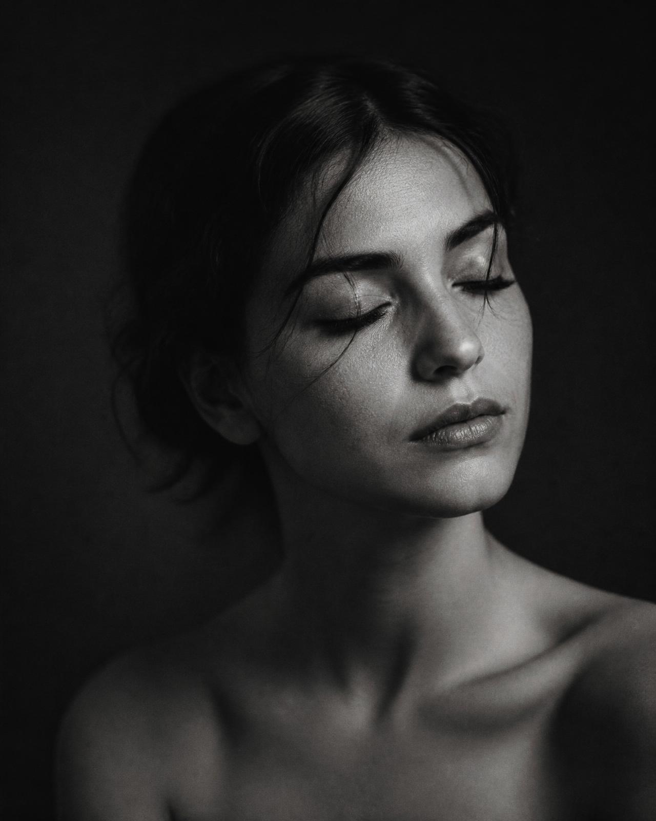 Retrato editorial em preto e branco de uma pessoa em um momento genuíno de escuta